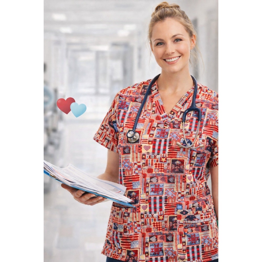 Scrub Top XS Patriotic Patchwork Americana Quilt Stars Stripes Pocket V Neck